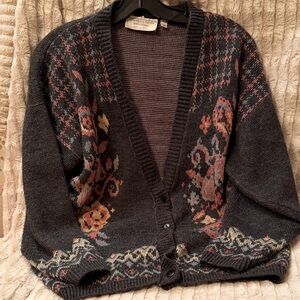 Vintage United States Sweaters Charcoal Floral Cardigan Sweater